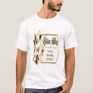 Elegante schwarze und goldene Rücksende-Adressetik T-Shirt