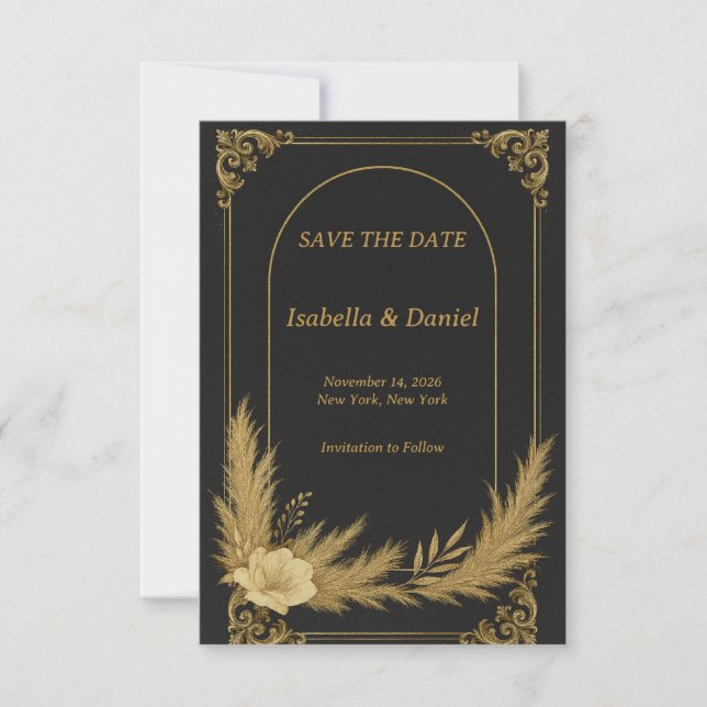 Elegante schwarze und goldene Save-the-Date-Karte Save The Date (Vorderseite)