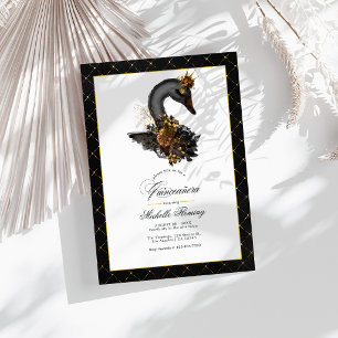 Elegante Schwarze und Goldene Schwan Quinceañera-F Einladung