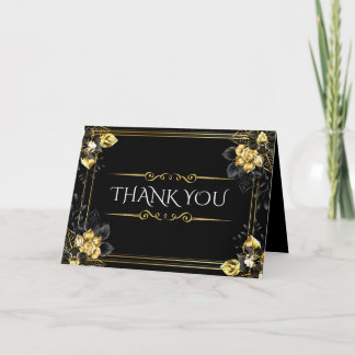 Elegante schwarze und goldene Sommerhochzeit Dankeskarte