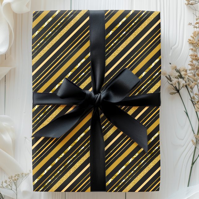 Elegante Schwarze und goldene Streifen Geschenkpapier (Von Creator hochgeladen)