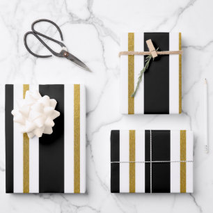 Elegante schwarze und goldene Streifen Geschenkpapier Set