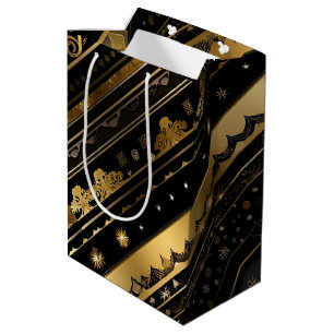 Elegante schwarze und goldene Streifen Mittlere Geschenktüte
