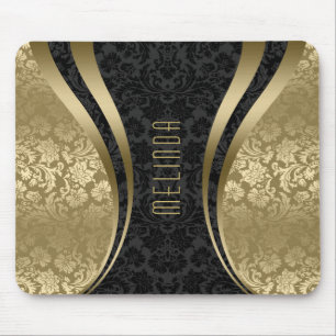 Elegante schwarze und goldene Töne florale Damasku Mousepad