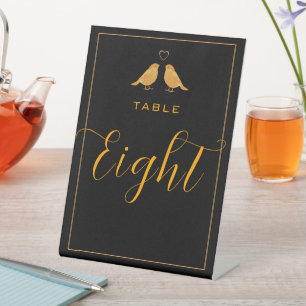 Elegante schwarze und goldene Vögel Tisch Nummer A Sockelschild