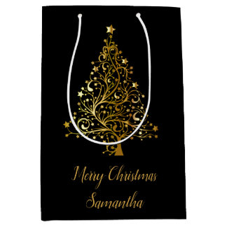 Elegante schwarze und goldene Weihnachtsbaum-Gesch Mittlere Geschenktüte