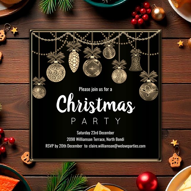 Elegante schwarze und goldene Weihnachtseinladung Einladung (Elegant Black and Gold Christmas Party Invitation by the Olde Christmas Shoppe)