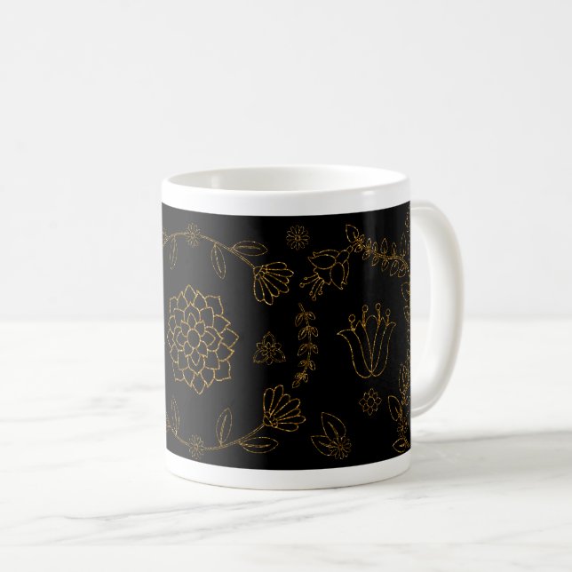 Elegante Schwarze und Golflorale Kunst, Dichtung u Kaffeetasse (VorderseiteRechts)