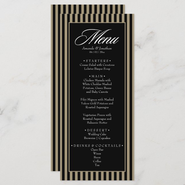 Elegante schwarze und grüne vertikale Streifen Hoc Menükarte (Vorne/Hinten)