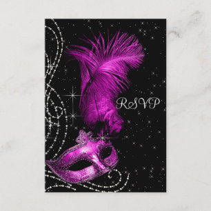 Elegante schwarze und heißrosa Maskenparty RSVP Karte