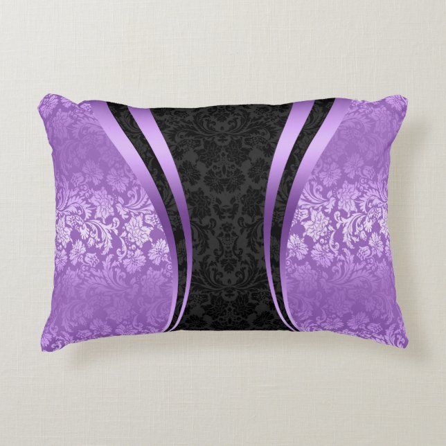Elegante schwarze und Lila Flora Damaskus Dekokissen (Vorderseite)