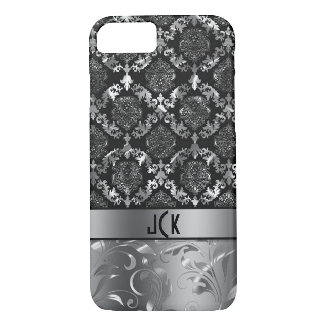 Elegante schwarze und metallische silberne Damaske Case-Mate iPhone Hülle (Rückseite)