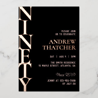 Elegante schwarze und roségoldene Folie zum 90. Ge Folieneinladung
