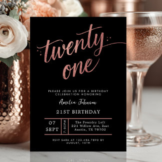 Elegante schwarze und roségoldene Schrift zum 21.  Einladung