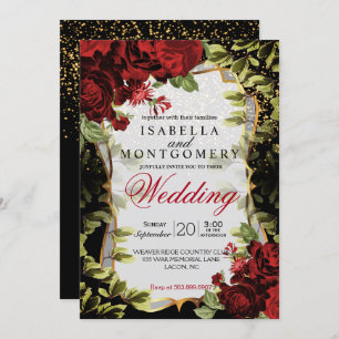 Elegante schwarze und rote Blumenhochzeit Einladung