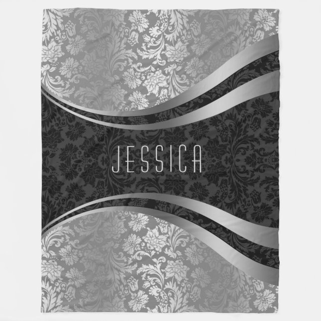 Elegante schwarze und silbergraue Damaskus Fleecedecke (Vorderseite)
