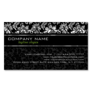 Elegante schwarze und silbergraue florale Damastmu Magnetische Visitenkarte