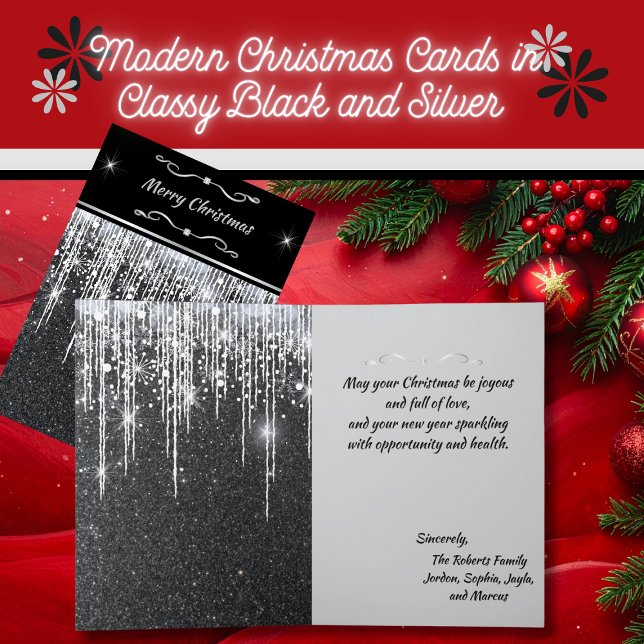 Elegante schwarze und silbern glänzende Schrift-No Karte (Elegant 5" x 7" sparkly silver and black Christmas cards with personalized greeting and message)