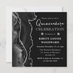 Elegante schwarze und silberne Glitter-Achat-Quinc Einladung