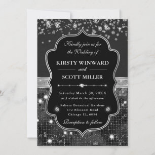 Elegante schwarze und silberne Hochzeit mit Diaman Einladung