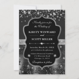 Elegante schwarze und silberne Hochzeit mit Diaman Einladung