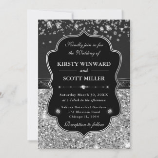 Elegante schwarze und silberne Hochzeit mit Diaman Einladung