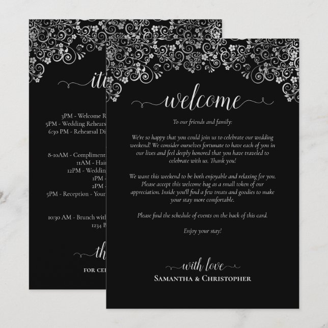 Elegante schwarze und silberne Hochzeitsbegrüßung  Programm (Vorne/Hinten)