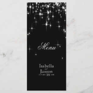Elegante schwarze und silberne Wedding Starlights Menükarte
