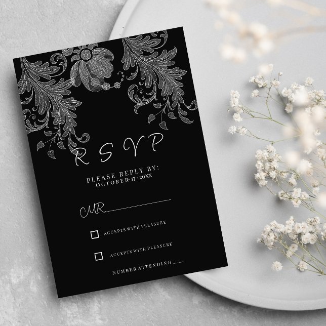 Elegante schwarze und weiße Blumen-Lace-RSVP Einladung (Elegant black and white floral lace RSVP )