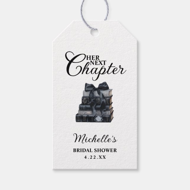 Elegante schwarze und weiße Buch-Themen-Brautparty Geschenkanhänger (Vorderseite)