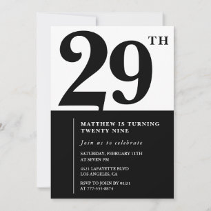 Elegante schwarze und weiße Einladungen zum 29. Ge