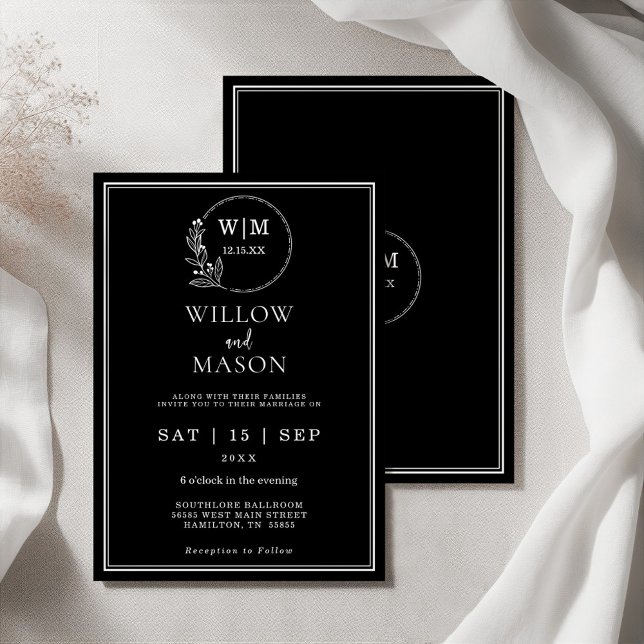 Elegante schwarze und weiße florale Monogramm-Hoch Einladung (Elegant Black and White Floral Monogram Wedding In Invitation)
