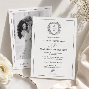 Elegante schwarze und weiße florale Wappen-Foto-Ho Einladung