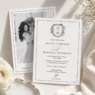 Elegante schwarze und weiße florale Wappen-Foto-Ho Einladung