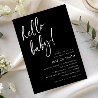 Elegante schwarze und weiße Hello Baby-Party Einladung