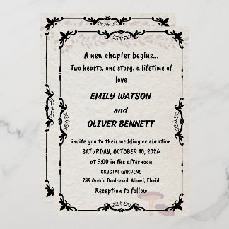 Elegante schwarze und weiße Hochzeitseinladung, ve Folieneinladung