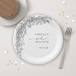Elegante schwarze und weiße Hochzeitspapierdekorat Pappteller