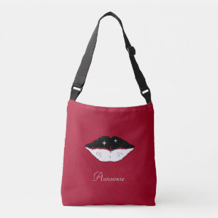 Elegante schwarze und weiße Lippen und Kalligrafie Tragetaschen Mit Langen Trägern