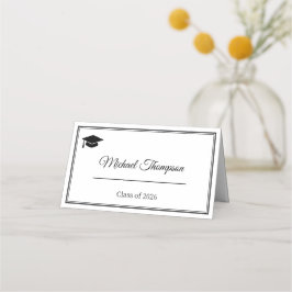 Elegante schwarze und weiße Platzkarte zur Graduie