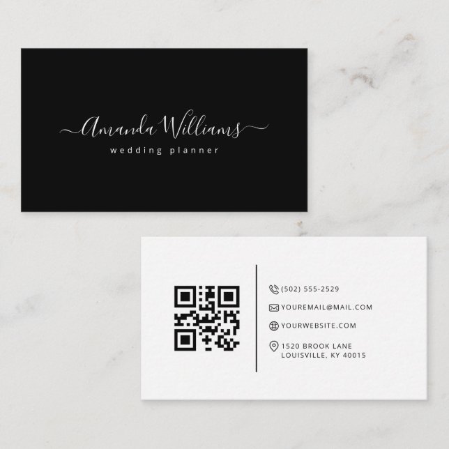 Elegante schwarze und weiße QR Code Business Card Visitenkarte (Vorne/Hinten)