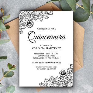 Elegante schwarze und weiße Quinceanera-Spitze Einladung