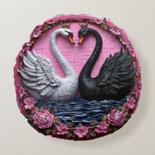 Elegante schwarze und weiße Schwäne mit Krone Rundes Kissen
