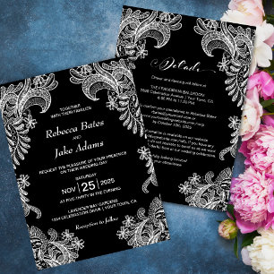 Elegante schwarze und weiße Spitzen-Hochzeit Alles Einladung