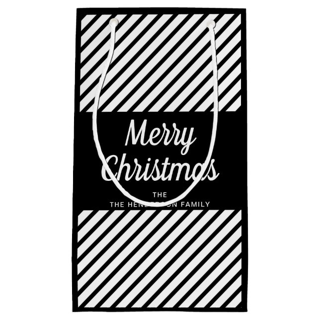 Elegante schwarze und weiße Streifen frohe Weihnac Kleine Geschenktüte (Vorderseite)