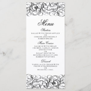 Elegante schwarze und weiße Wirbel Hochzeitsmenü Menükarte