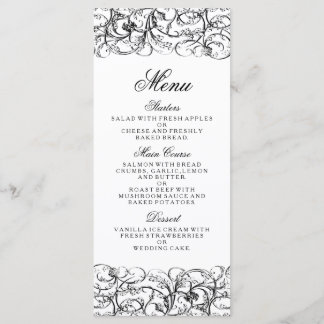 Elegante schwarze und weiße Wirbel Hochzeitsmenü Menükarte