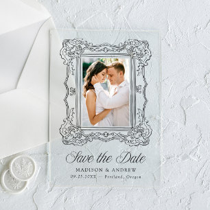 Elegante schwarze verzierte Rahmen-Hochzeit Save-t Acryleinladungen