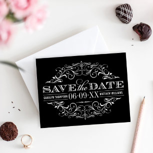Elegante schwarze verzierte Rollwerk-Hochzeit Save The Date