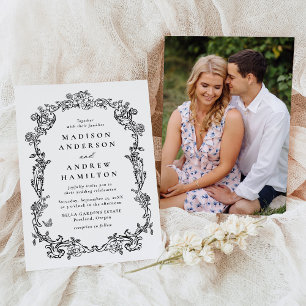 Elegante schwarze viktorianische Blumen-Hochzeitsf Einladung
