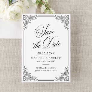 Elegante schwarze Vintage-Verzierungsrahmen-Hochze Save The Date